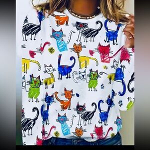 New. Colorful Cat Print Long Sleeve Top. Size 4X
